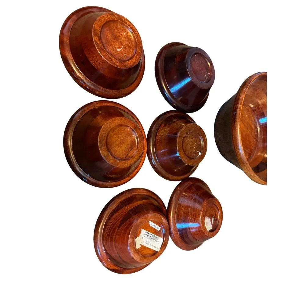 Vintage Wooden Salad Bowl Set 10 Piece Thailand Mahogany Finish Mid Century